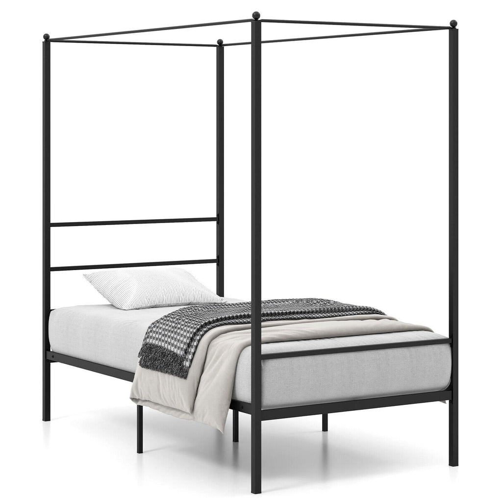Twin Metal Canopy Bed with 4 Posts, 11 Metal Slats and 12.5 Inch Clearance