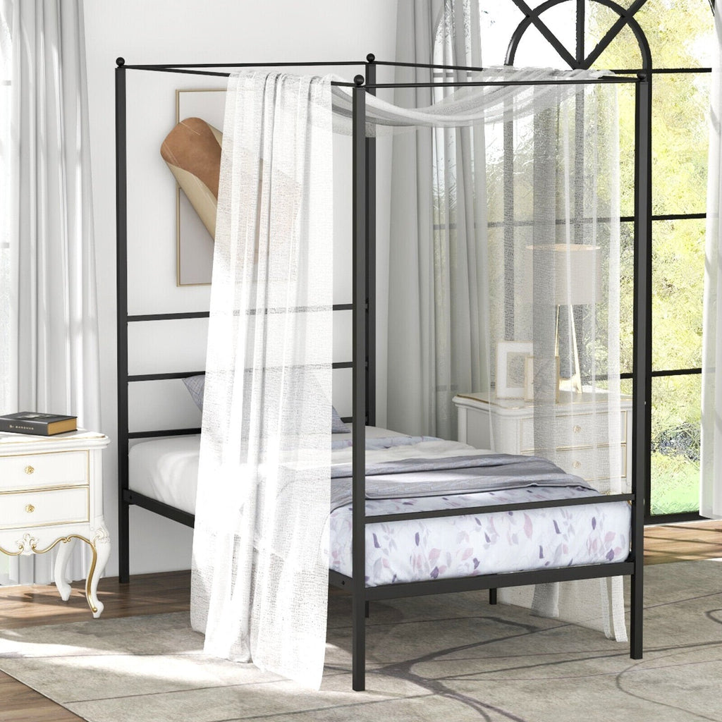 Twin Metal Canopy Bed with 4 Posts, 11 Metal Slats and 12.5 Inch Clearance
