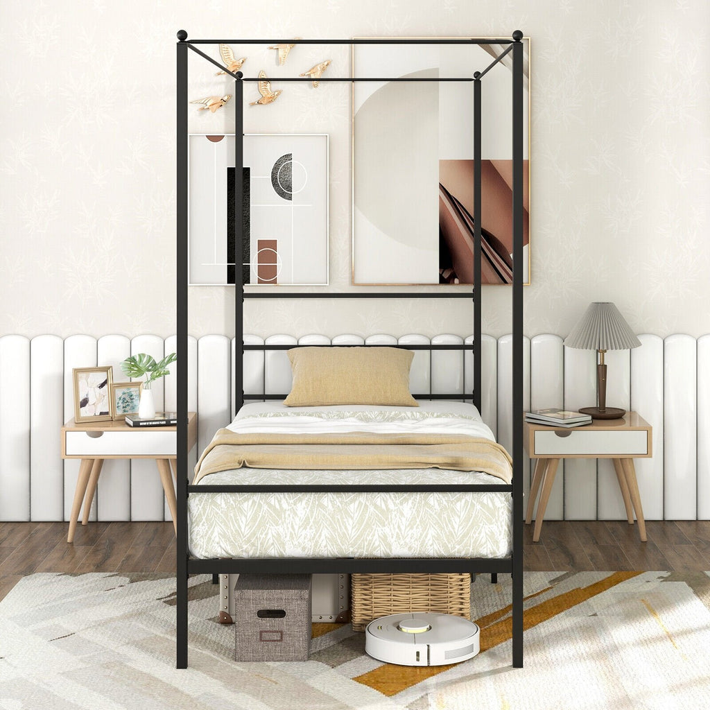 Twin Metal Canopy Bed with 4 Posts, 11 Metal Slats and 12.5 Inch Clearance