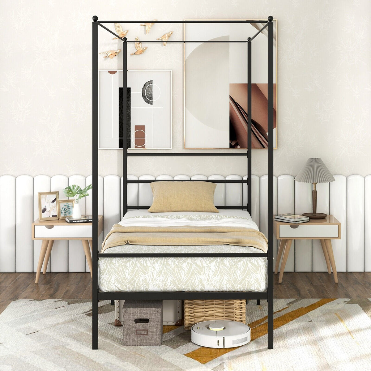 Twin Metal Canopy Bed with 4 Posts, 11 Metal Slats and 12.5 Inch Clearance