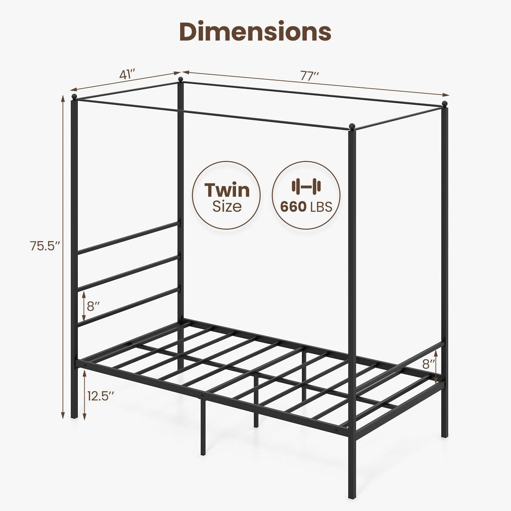 Twin Metal Canopy Bed with 4 Posts, 11 Metal Slats and 12.5 Inch Clearance