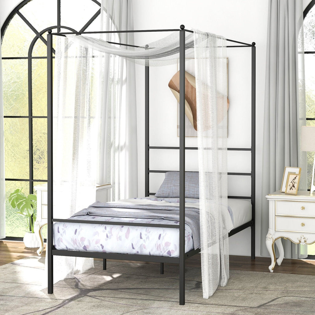 Twin Metal Canopy Bed with 4 Posts, 11 Metal Slats and 12.5 Inch Clearance