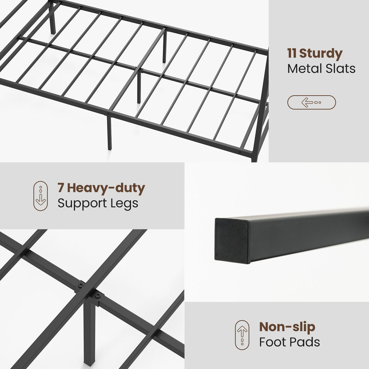 Twin Metal Canopy Bed with 4 Posts, 11 Metal Slats and 12.5 Inch Clearance
