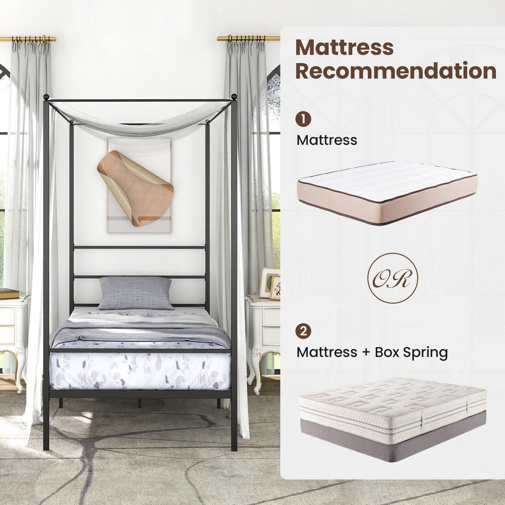 Twin Metal Canopy Bed with 4 Posts, 11 Metal Slats and 12.5 Inch Clearance