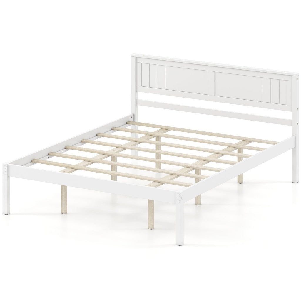Queen Wood Platform Bed with Panelled Headboard and 12 Inch Clearance, White