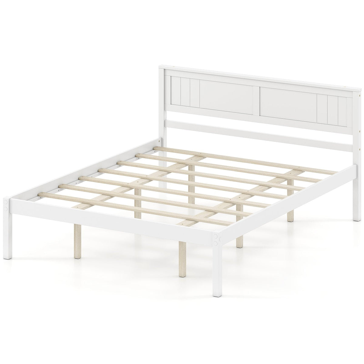 Queen Wood Platform Bed with Panelled Headboard and 12 Inch Clearance, White