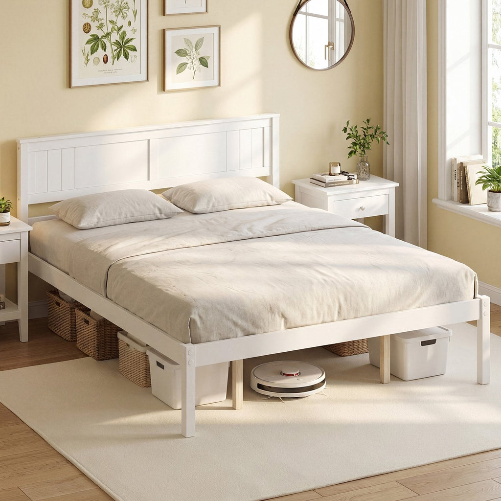 Queen Wood Platform Bed with Panelled Headboard and 12 Inch Clearance, White