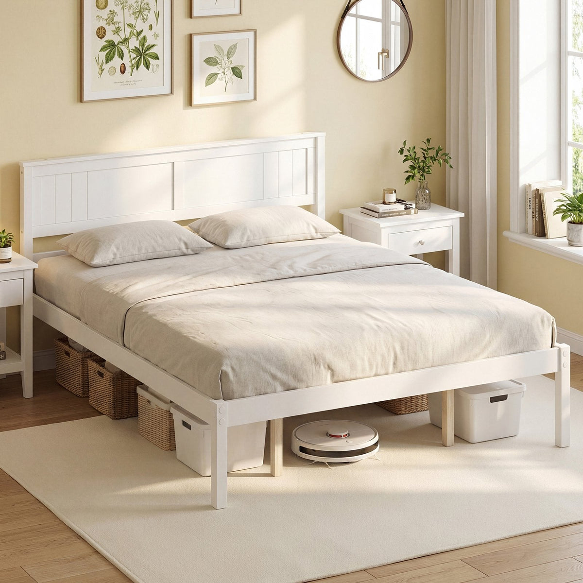 Queen Wood Platform Bed with Panelled Headboard and 12 Inch Clearance, White