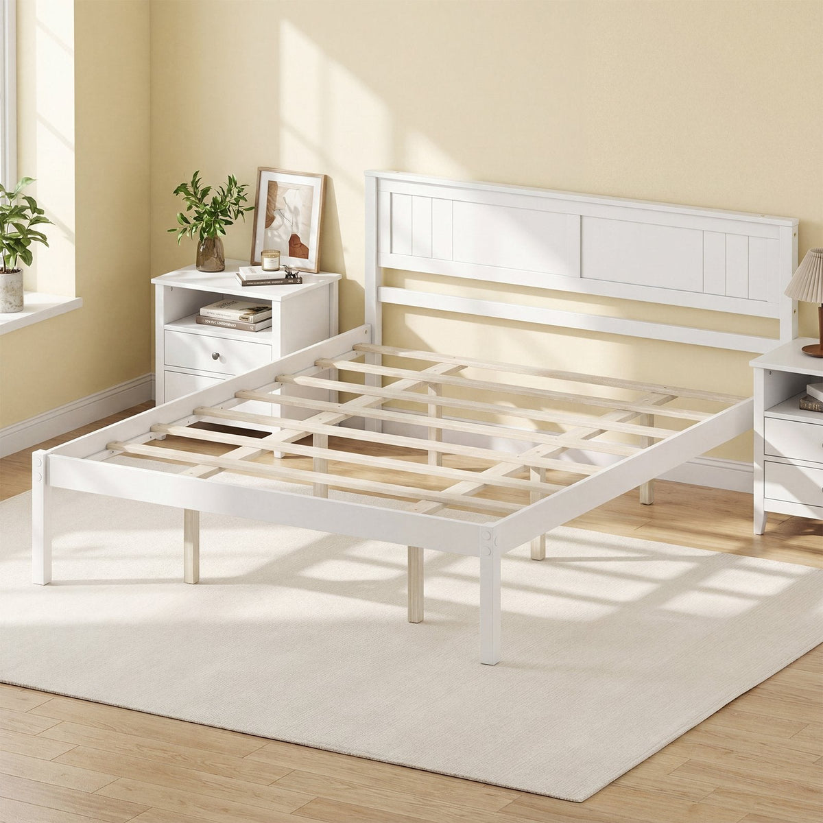 Queen Wood Platform Bed with Panelled Headboard and 12 Inch Clearance, White