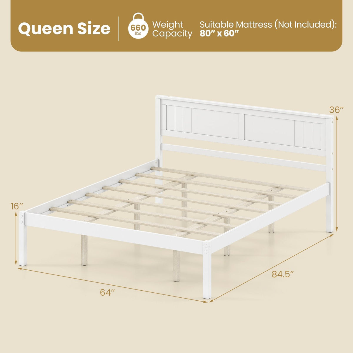 Queen Wood Platform Bed with Panelled Headboard and 12 Inch Clearance, White