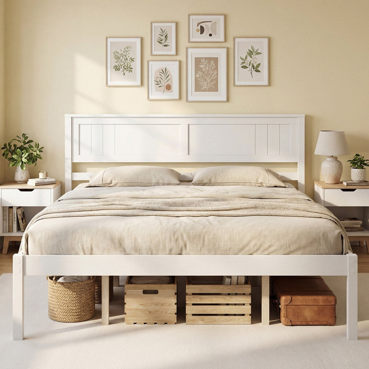 Queen Wood Platform Bed with Panelled Headboard and 12 Inch Clearance, White