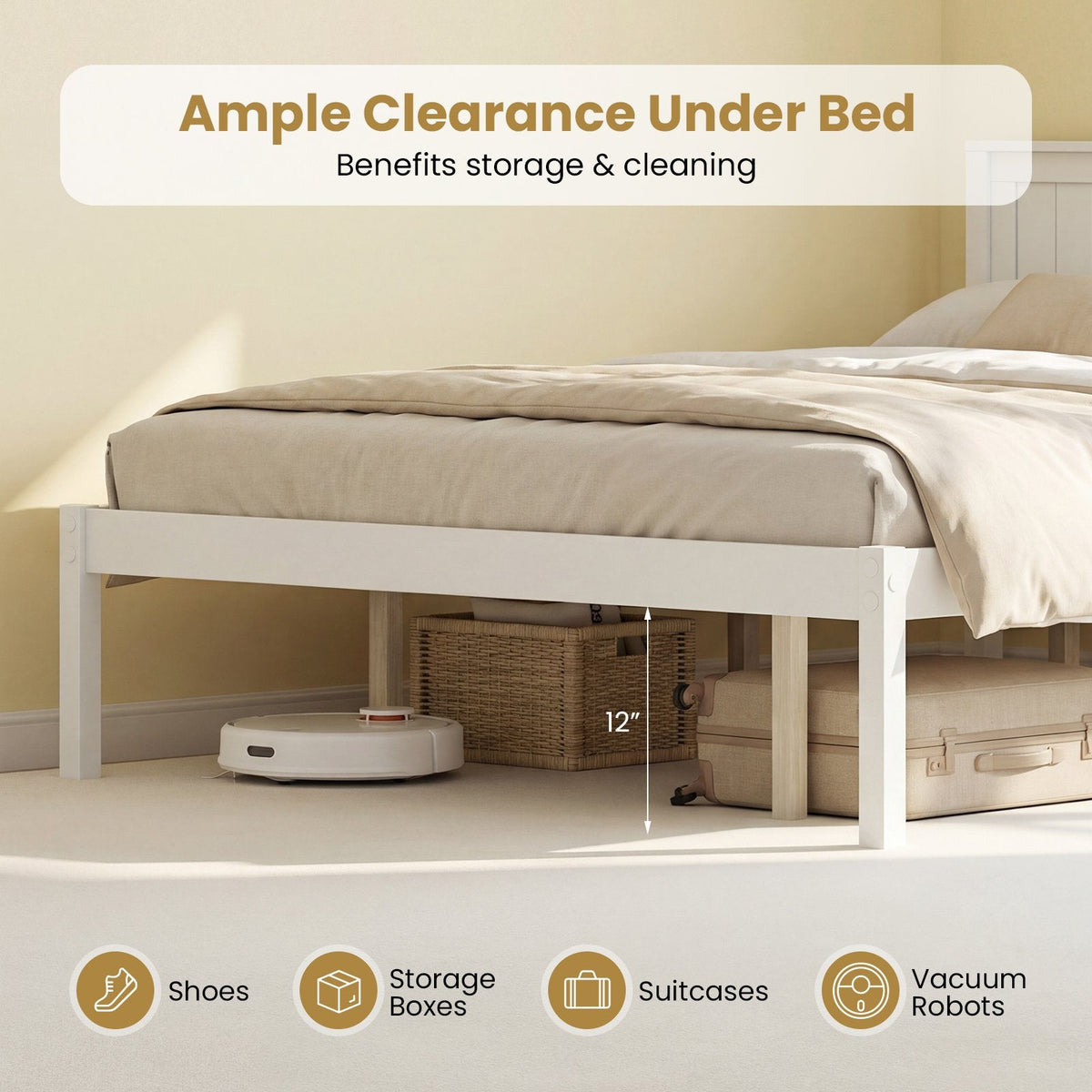Queen Wood Platform Bed with Panelled Headboard and 12 Inch Clearance, White