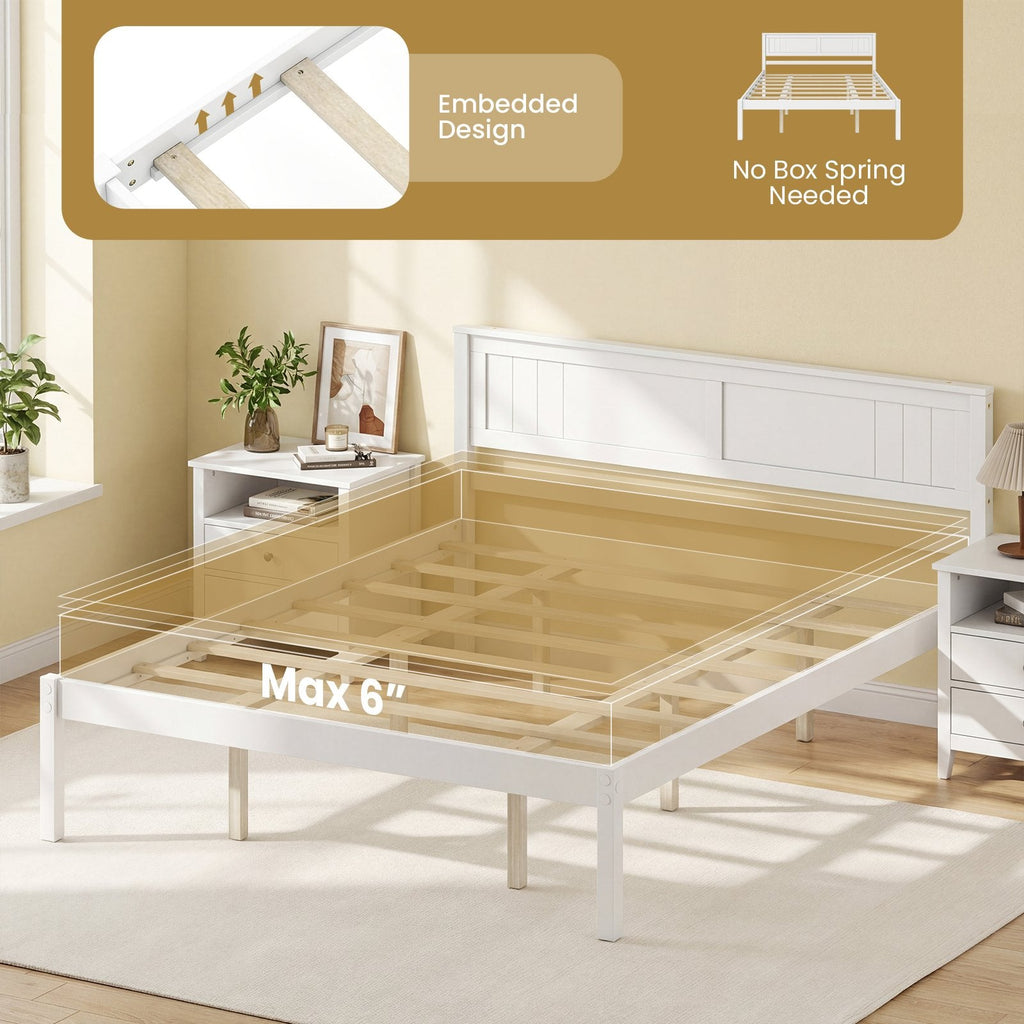 Queen Wood Platform Bed with Panelled Headboard and 12 Inch Clearance, White