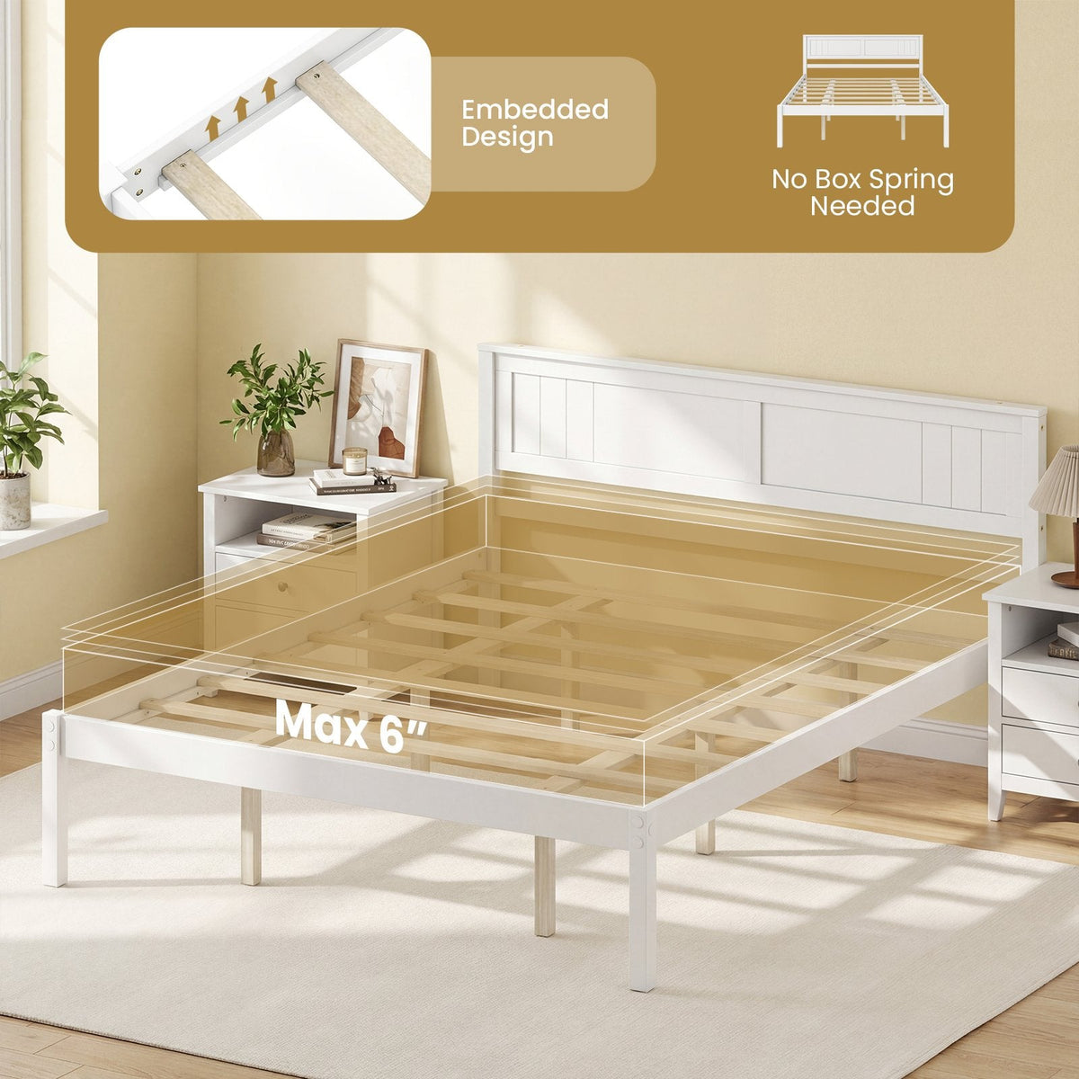 Queen Wood Platform Bed with Panelled Headboard and 12 Inch Clearance, White