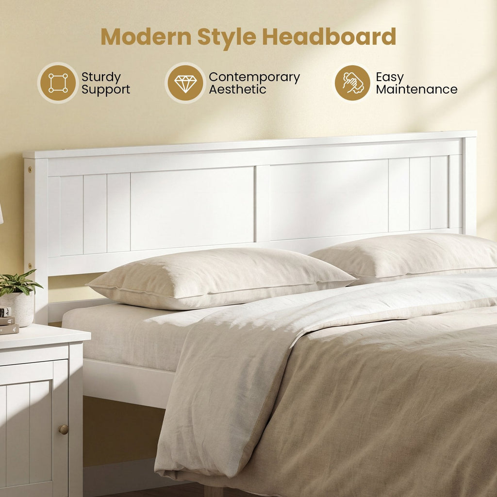 Queen Wood Platform Bed with Panelled Headboard and 12 Inch Clearance, White