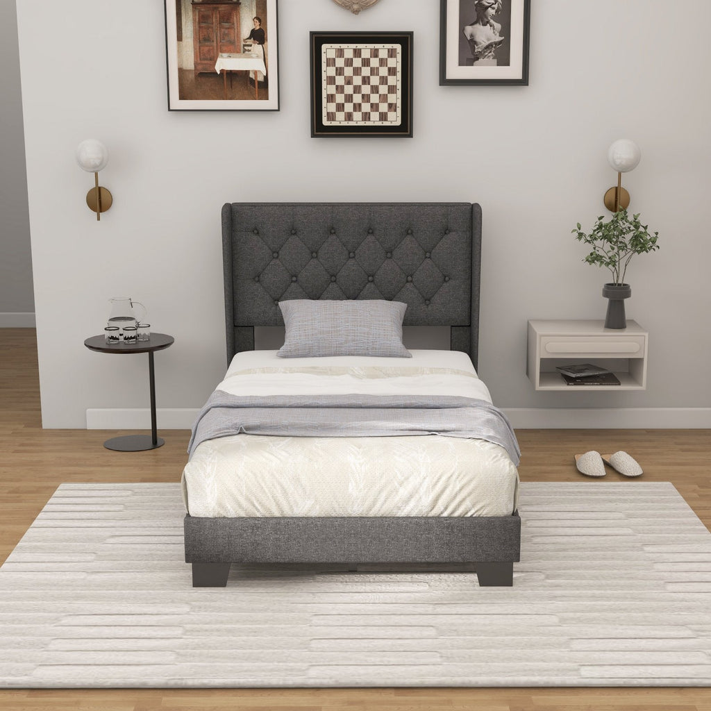 Twin Upholstered Platform Bed with Diamond Tufted Wingback Headboard, Grey