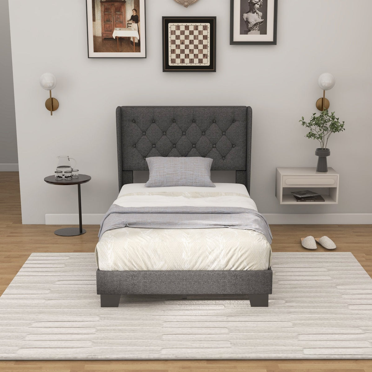 Twin Upholstered Platform Bed with Diamond Tufted Wingback Headboard, Grey
