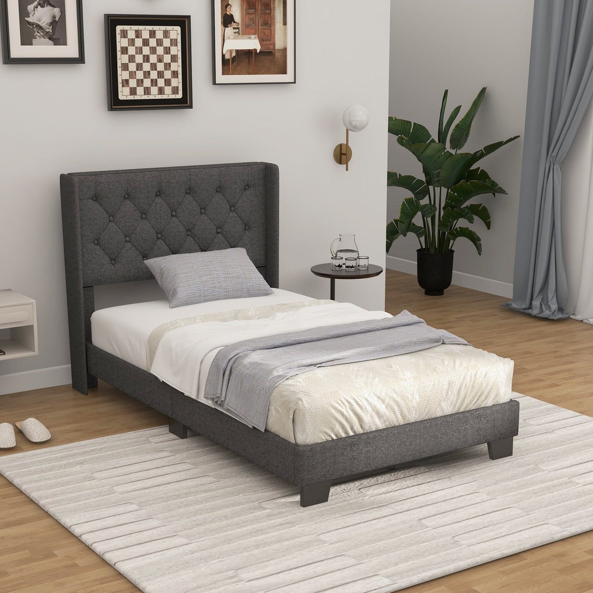 Twin Upholstered Platform Bed with Diamond Tufted Wingback Headboard, Grey
