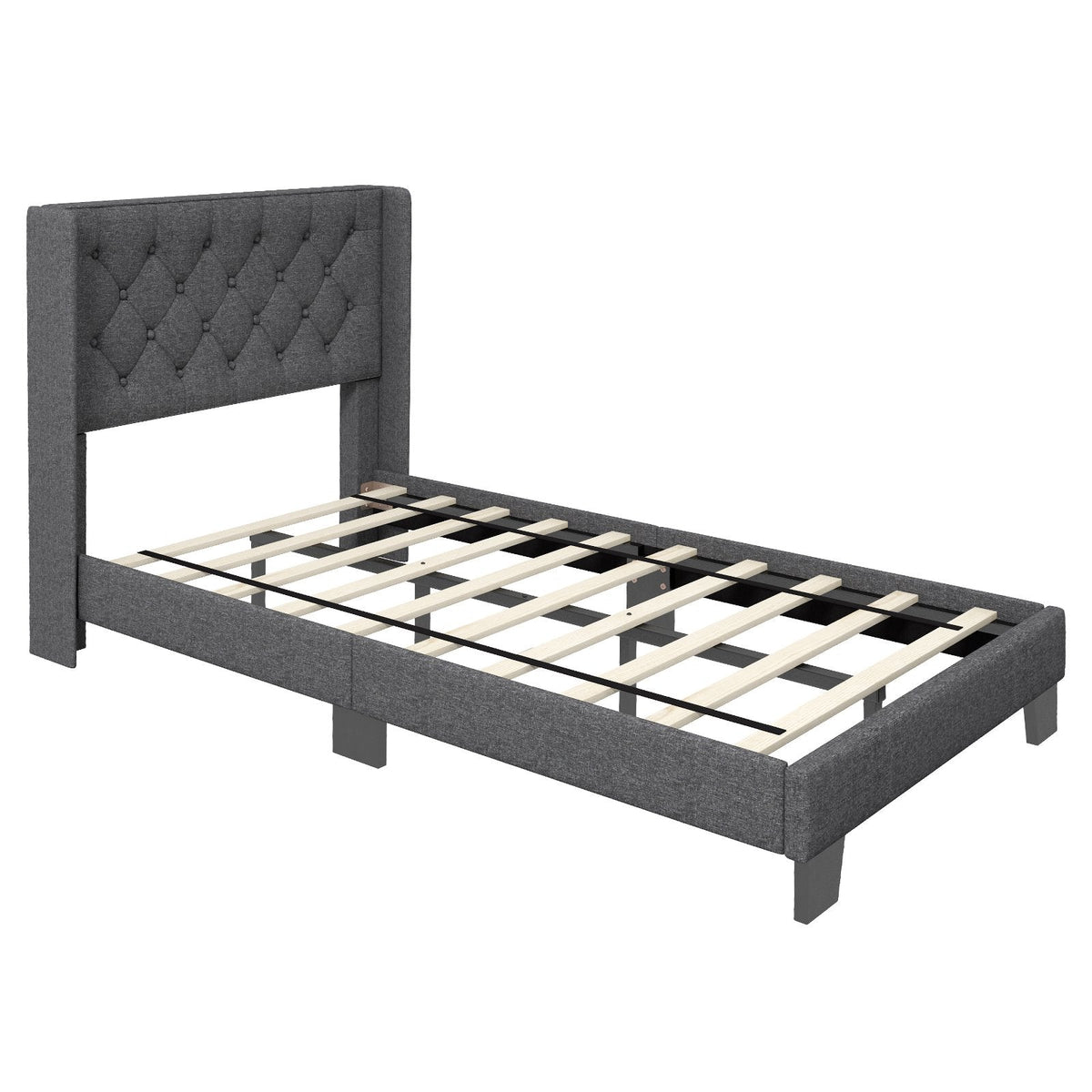Twin Upholstered Platform Bed with Diamond Tufted Wingback Headboard, Grey