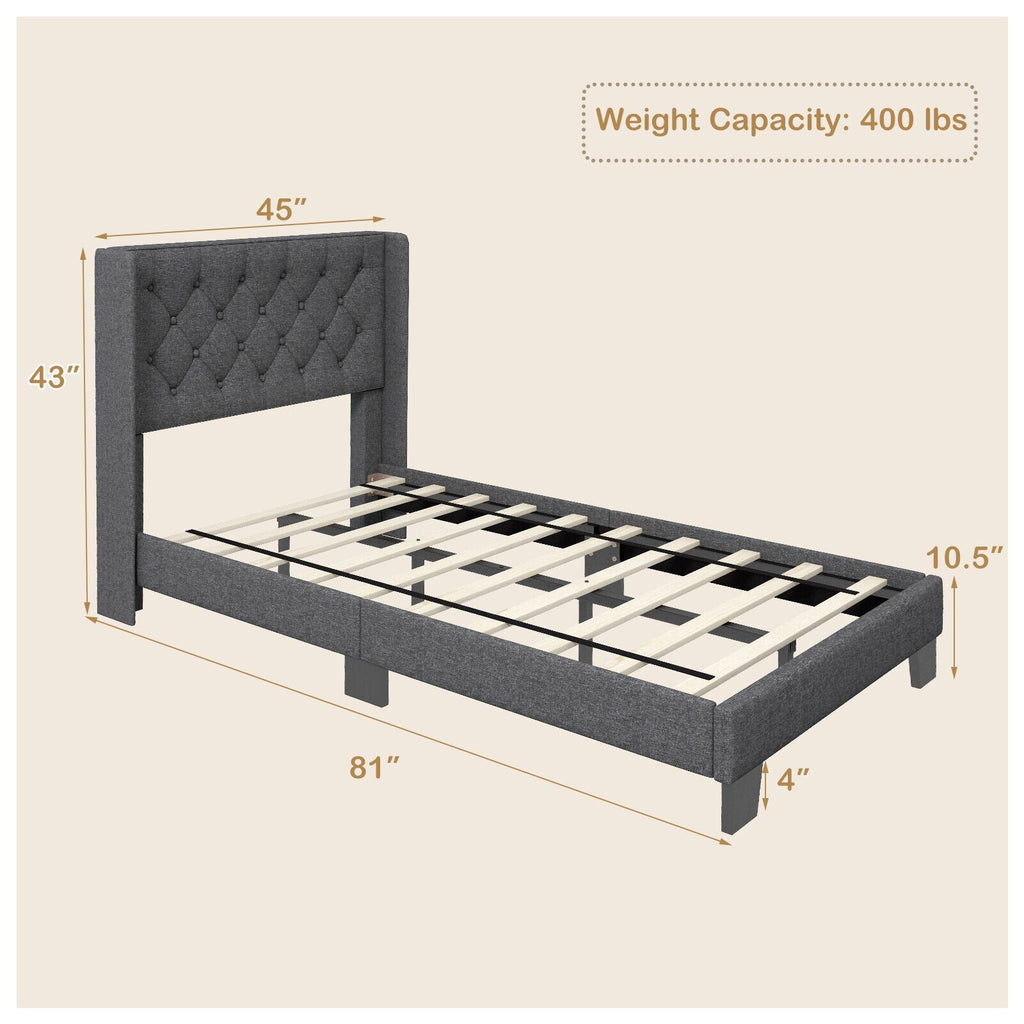 Twin Upholstered Platform Bed with Diamond Tufted Wingback Headboard, Grey