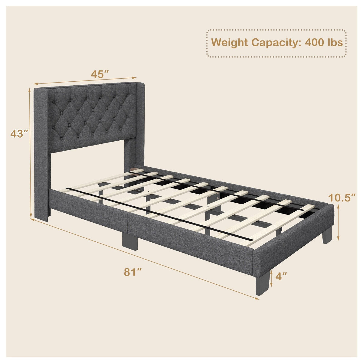 Twin Upholstered Platform Bed with Diamond Tufted Wingback Headboard, Grey