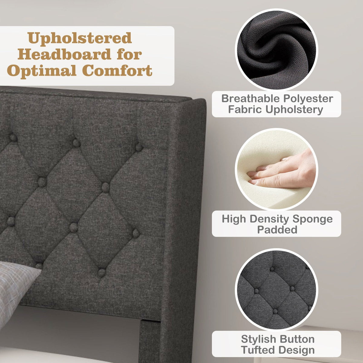 Twin Upholstered Platform Bed with Diamond Tufted Wingback Headboard, Grey