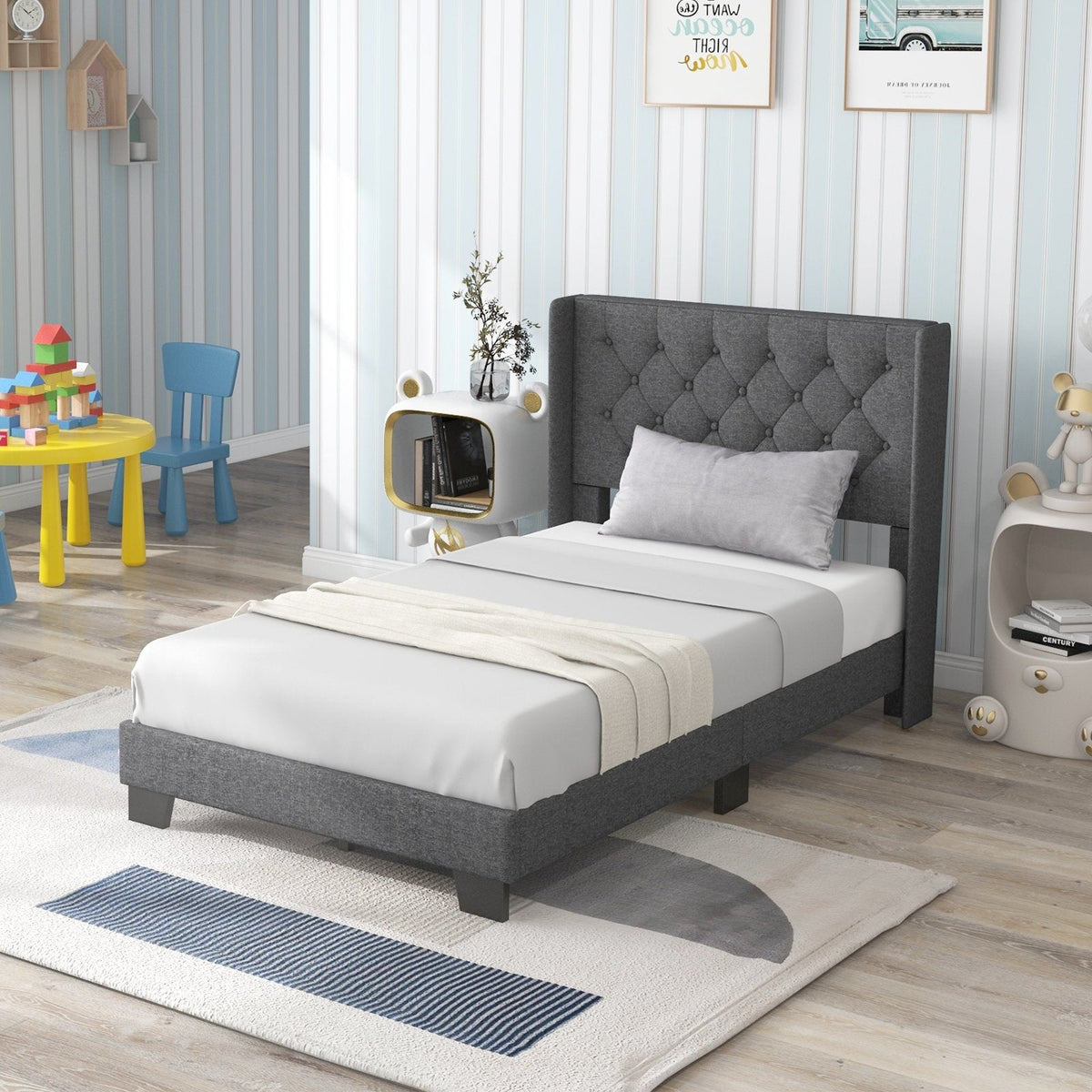 Twin Upholstered Platform Bed with Diamond Tufted Wingback Headboard, Grey