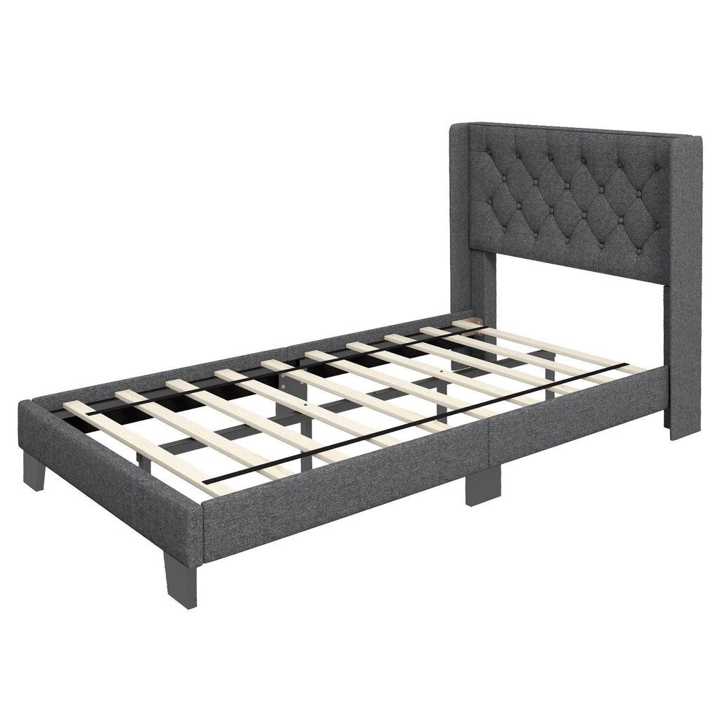 Twin Upholstered Platform Bed with Diamond Tufted Wingback Headboard, Grey