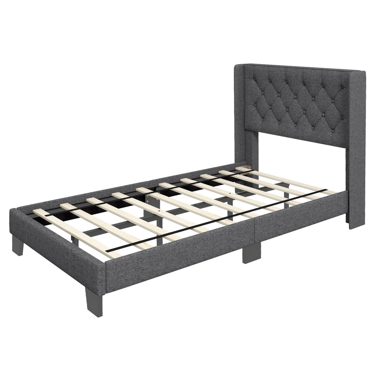 Twin Upholstered Platform Bed with Diamond Tufted Wingback Headboard, Grey