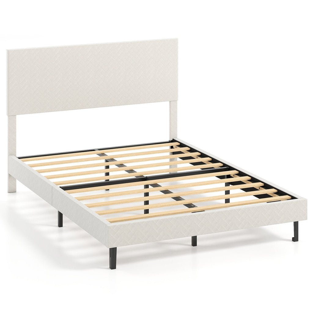 Full Velvet Platform Bed with Chevron Headboard at 3 Adjustable Heights, Beige