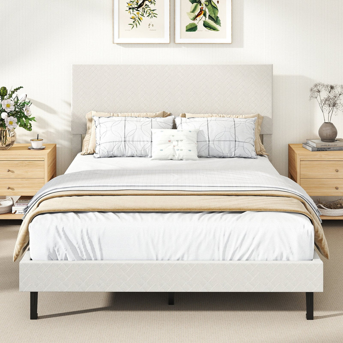 Full Velvet Platform Bed with Chevron Headboard at 3 Adjustable Heights, Beige