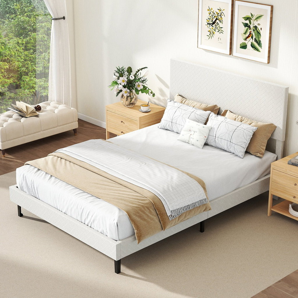 Full Velvet Platform Bed with Chevron Headboard at 3 Adjustable Heights, Beige