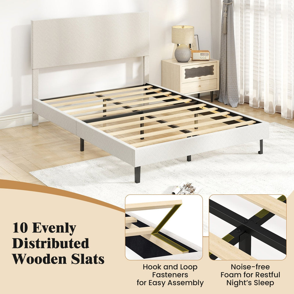 Full Velvet Platform Bed with Chevron Headboard at 3 Adjustable Heights, Beige
