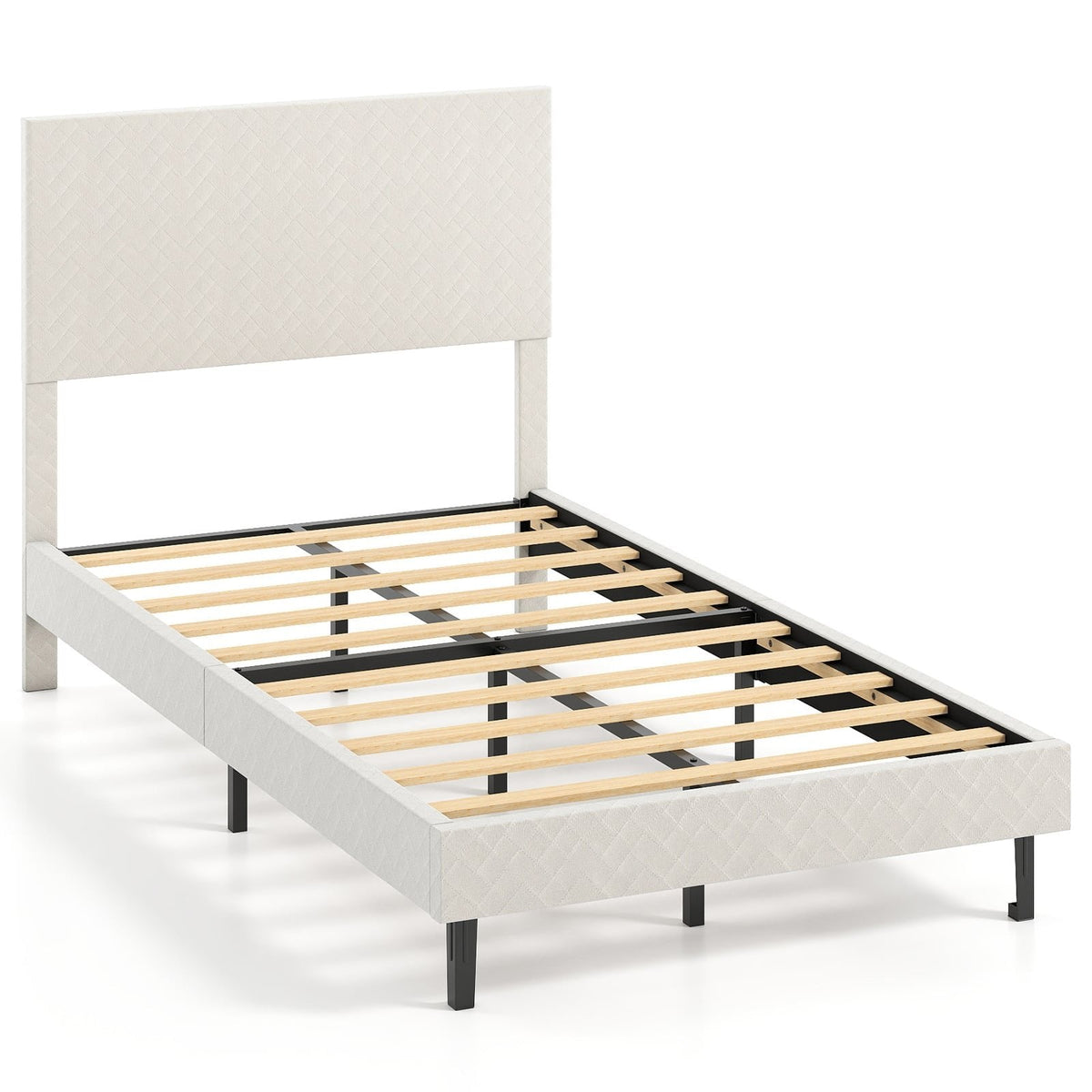 Twin Velvet Platform Bed with Chevron Headboard at 3 Adjustable Heights, Beige