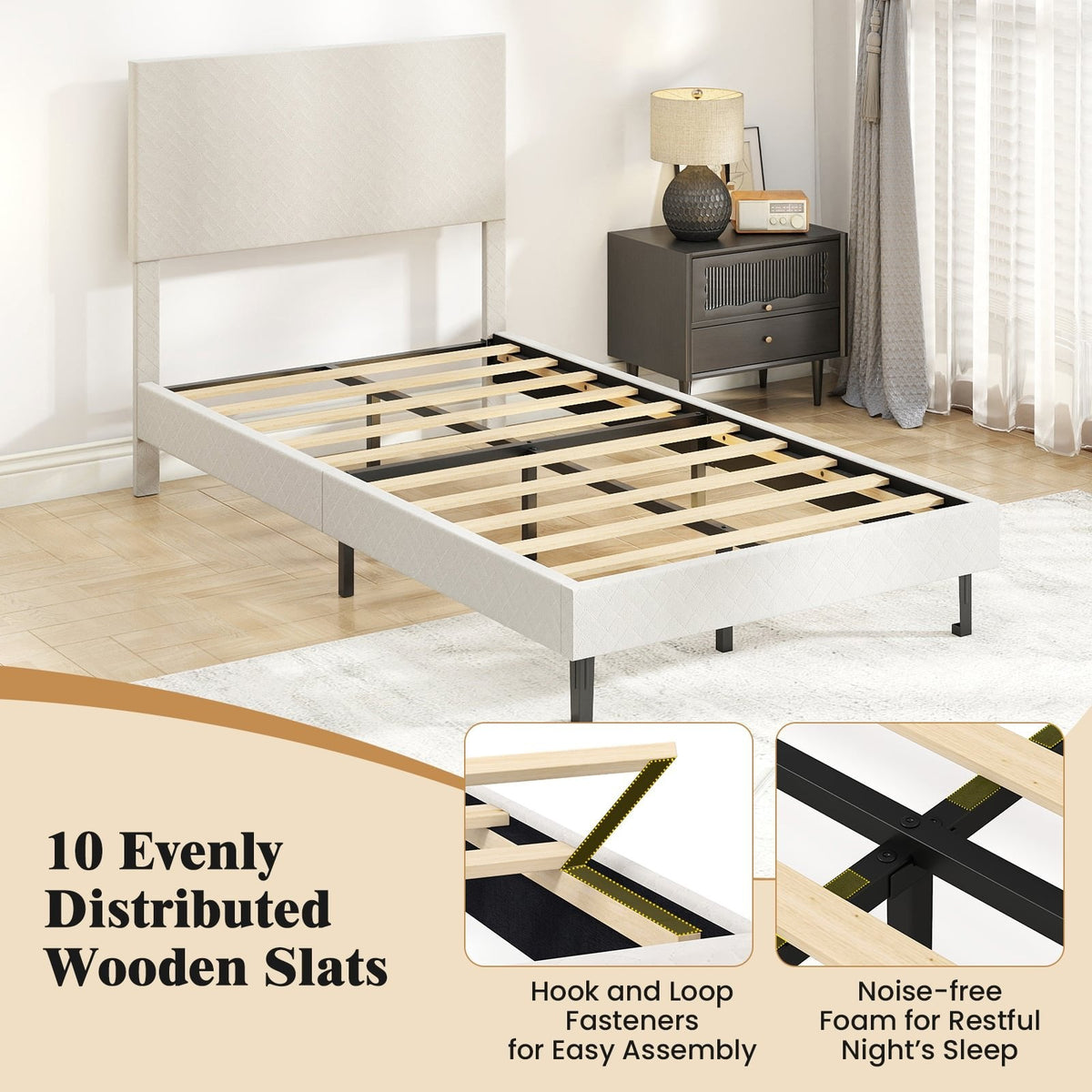 Twin Velvet Platform Bed with Chevron Headboard at 3 Adjustable Heights, Beige