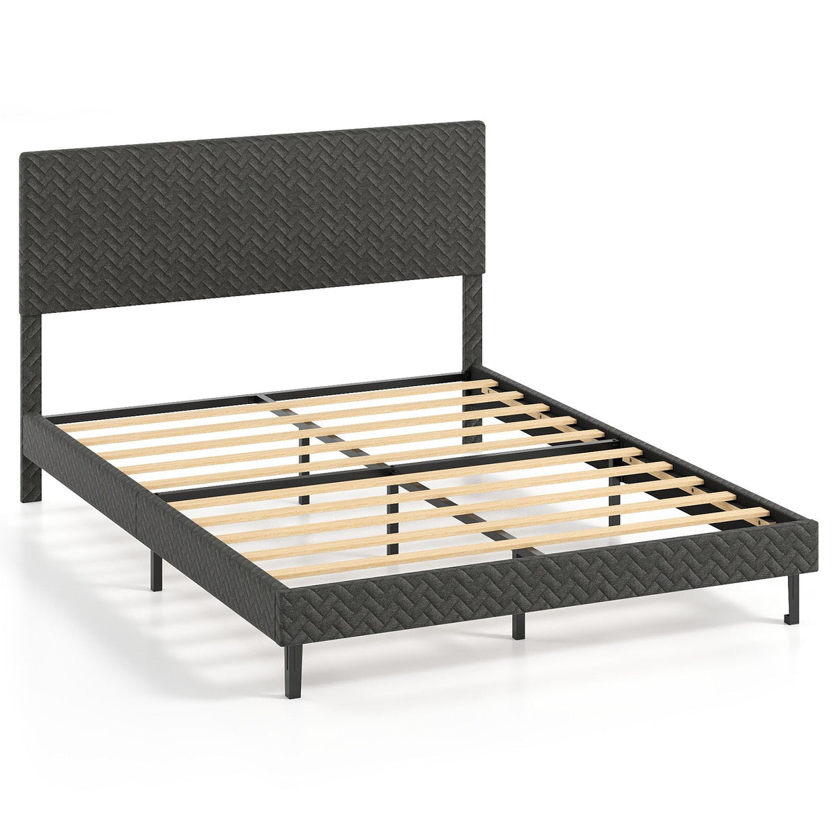 Queen Velvet Platform Bed with Chevron Headboard at 3 Adjustable Heights, Dark Grey