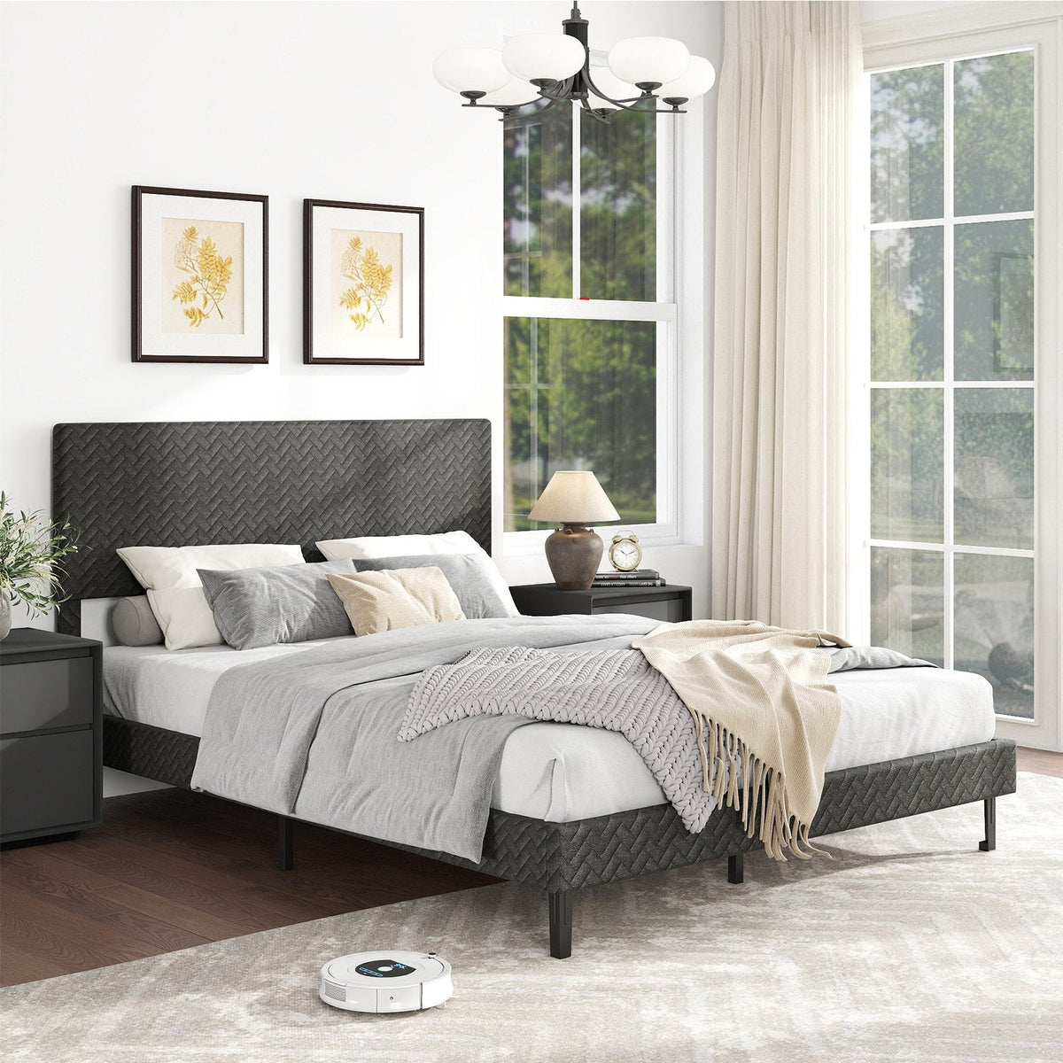 Queen Velvet Platform Bed with Chevron Headboard at 3 Adjustable Heights, Dark Grey