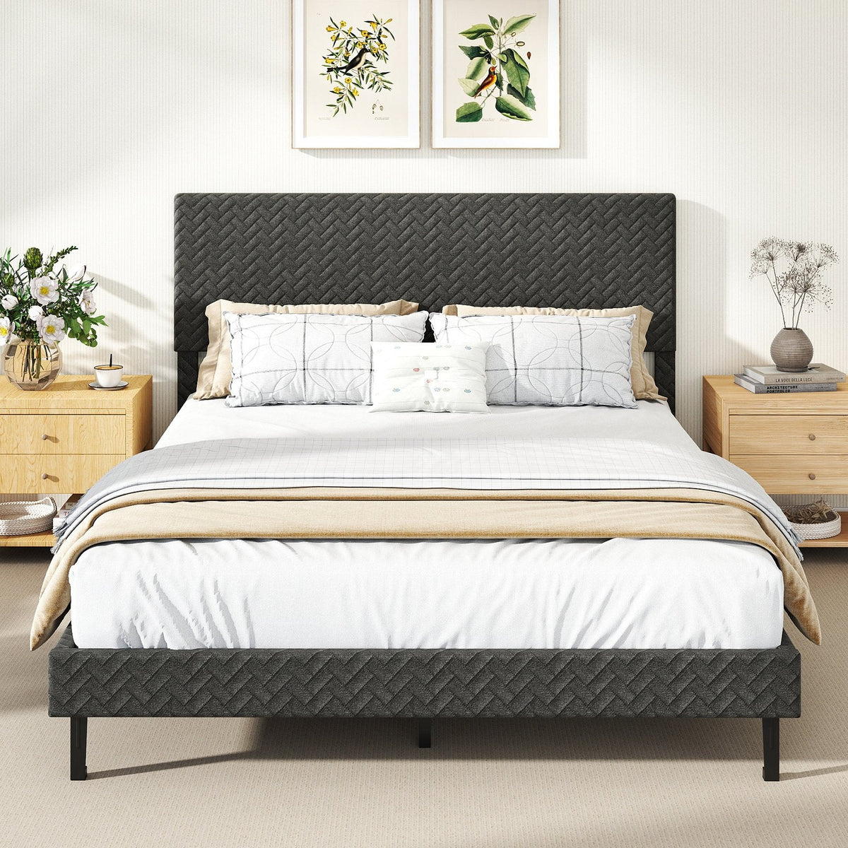 Queen Velvet Platform Bed with Chevron Headboard at 3 Adjustable Heights, Dark Grey