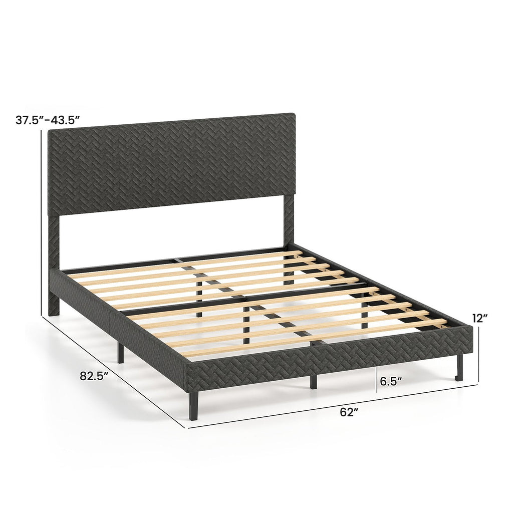 Queen Velvet Platform Bed with Chevron Headboard at 3 Adjustable Heights, Dark Grey