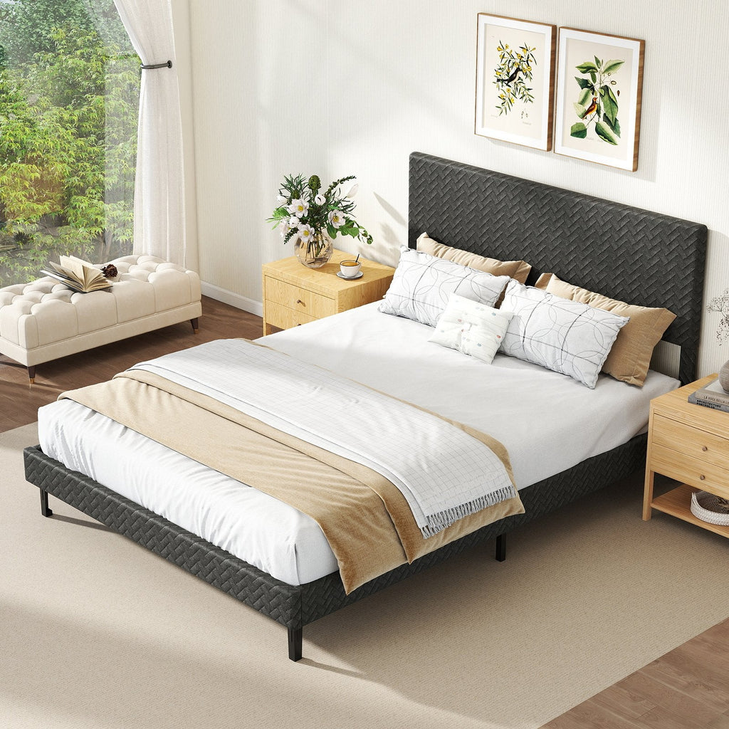 Queen Velvet Platform Bed with Chevron Headboard at 3 Adjustable Heights, Dark Grey