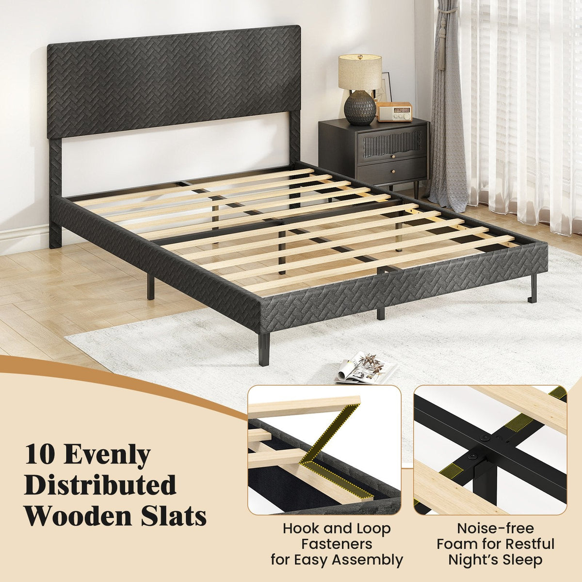 Queen Velvet Platform Bed with Chevron Headboard at 3 Adjustable Heights, Dark Grey