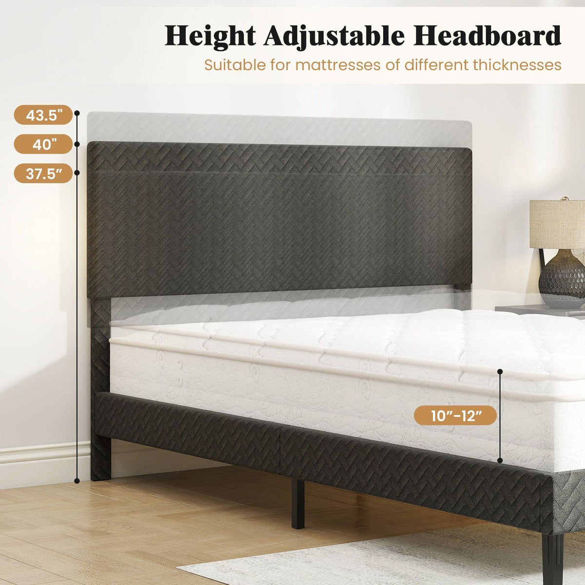 Queen Velvet Platform Bed with Chevron Headboard at 3 Adjustable Heights, Dark Grey