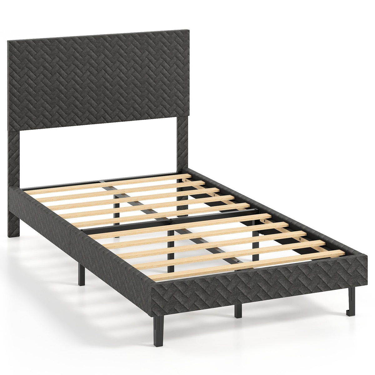 Twin Velvet Platform Bed with Chevron Headboard at 3 Adjustable Heights, Dark Grey