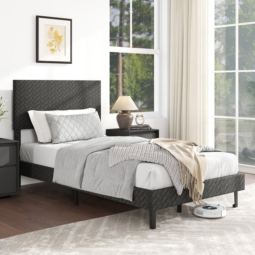 Twin Velvet Platform Bed with Chevron Headboard at 3 Adjustable Heights, Dark Grey