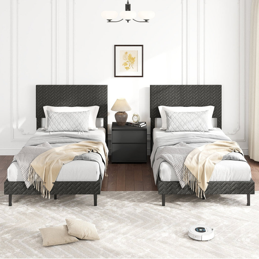 Twin Velvet Platform Bed with Chevron Headboard at 3 Adjustable Heights, Dark Grey