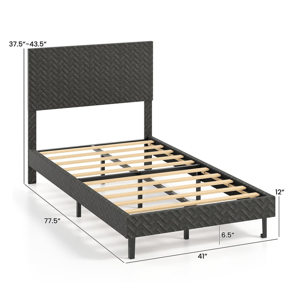 Twin Velvet Platform Bed with Chevron Headboard at 3 Adjustable Heights, Dark Grey
