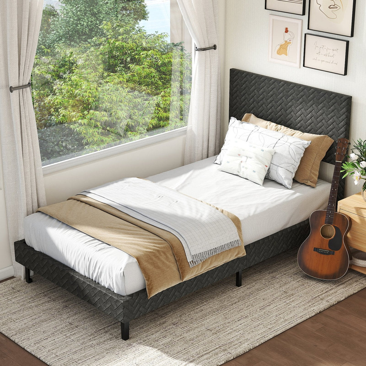 Twin Velvet Platform Bed with Chevron Headboard at 3 Adjustable Heights, Dark Grey