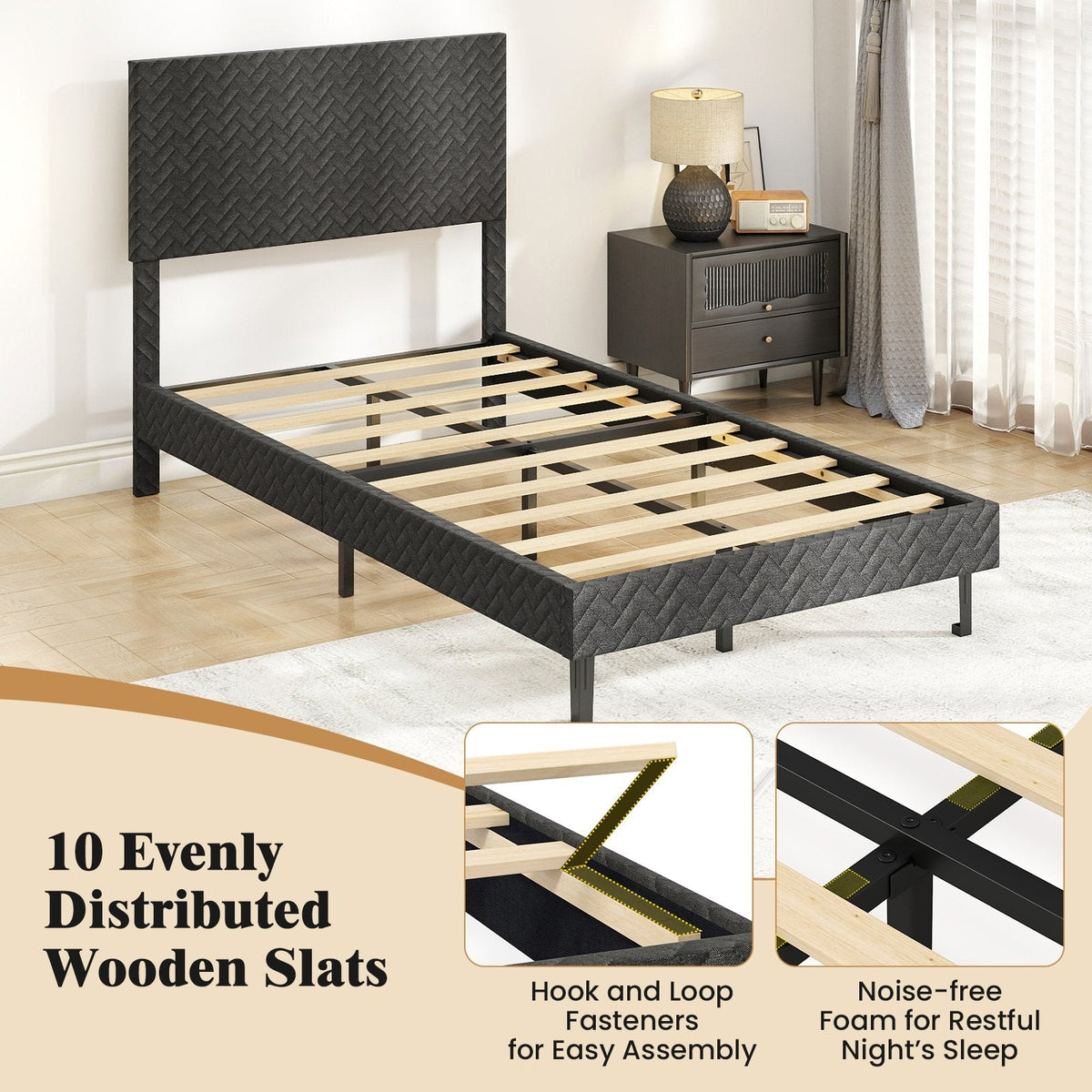 Twin Velvet Platform Bed with Chevron Headboard at 3 Adjustable Heights, Dark Grey