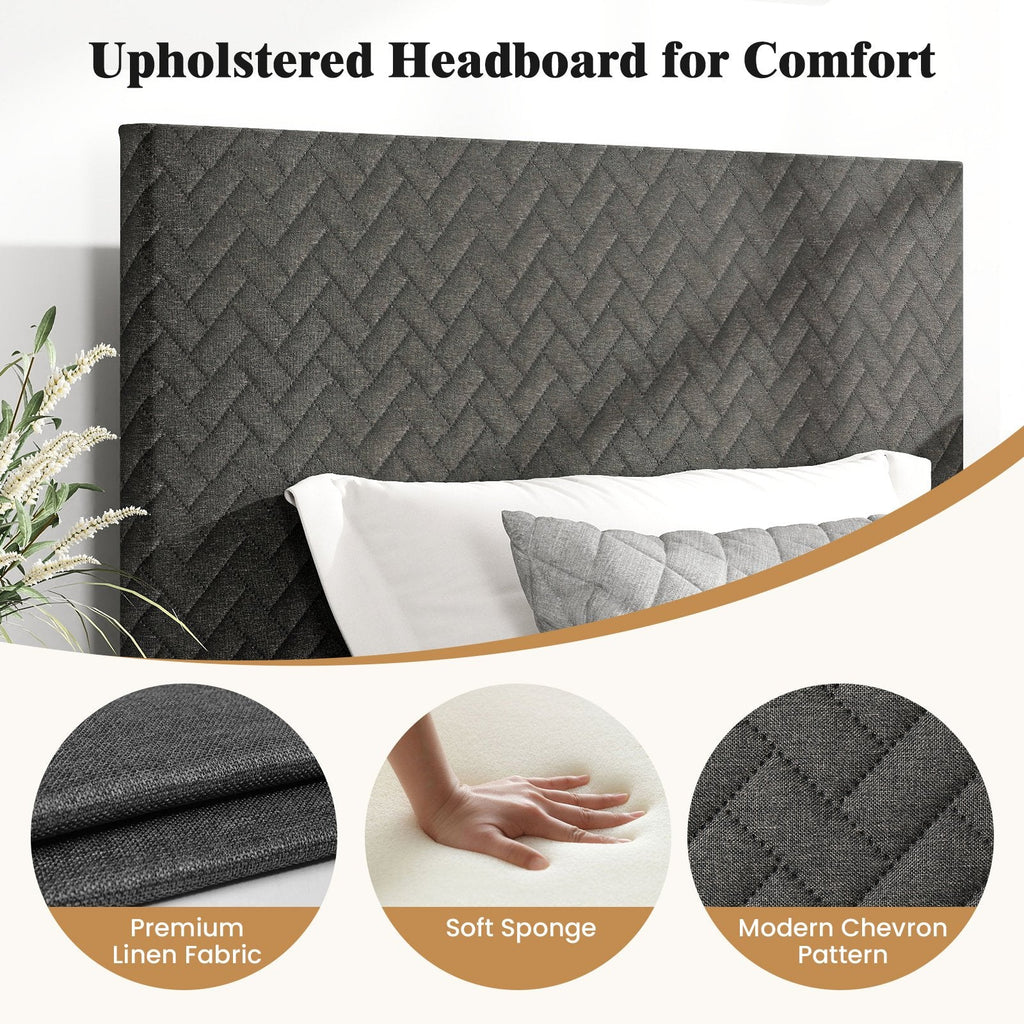 Twin Velvet Platform Bed with Chevron Headboard at 3 Adjustable Heights, Dark Grey