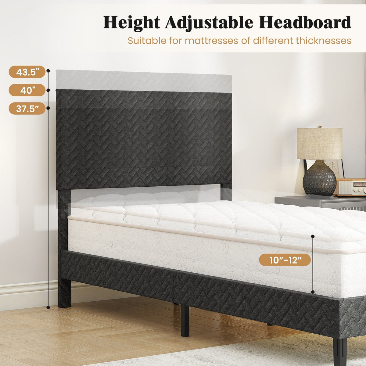 Twin Velvet Platform Bed with Chevron Headboard at 3 Adjustable Heights, Dark Grey